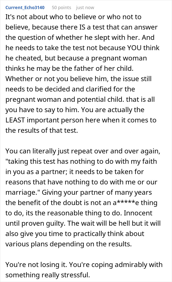 Comment discussing the need for a paternity test after wife’s surprise visitor and pregnancy claim. Comment discussing the need for a paternity test after wife’s surprise visitor and pregnancy claim.