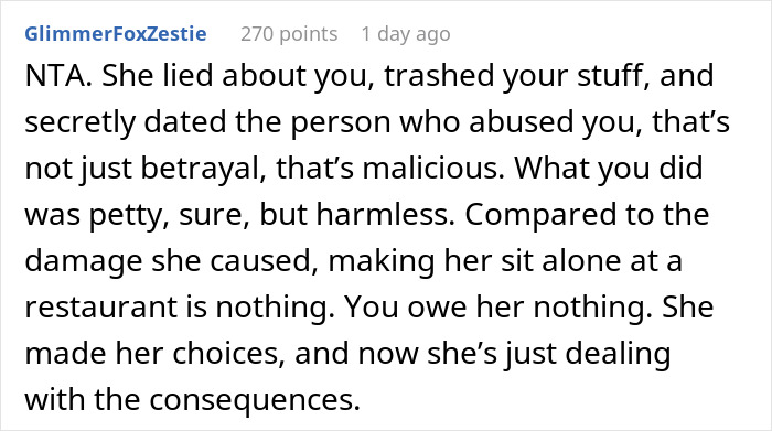 Reddit comment discussing giving an ex-best friend a taste of her own medicine after betrayal. Reddit comment discussing giving an ex-best friend a taste of her own medicine after betrayal.