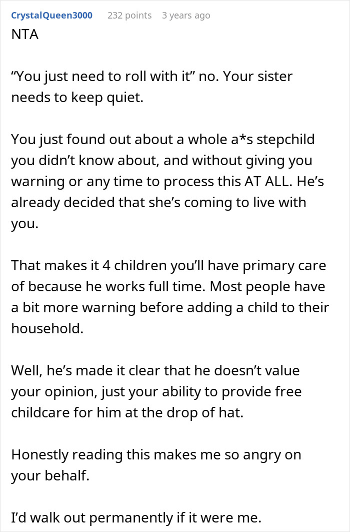 Reddit user comments on man promising wife a quiet life with two kids, then adding a surprise stepdaughter. Reddit user comments on man promising wife a quiet life with two kids, then adding a surprise stepdaughter.