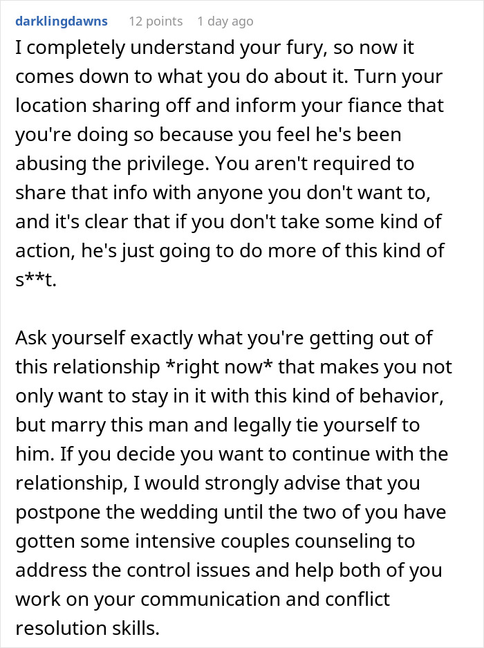 Comment discussing relationship advice about a woman missing calls from her fiance and trust issues in their communication. Comment discussing relationship advice about a woman missing calls from her fiance and trust issues in their communication.
