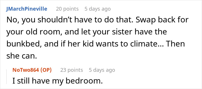 Screenshot of an online discussion where a teen explains removing the bunk bed ladder to block a clingy niece. Screenshot of an online discussion where a teen explains removing the bunk bed ladder to block a clingy niece.
