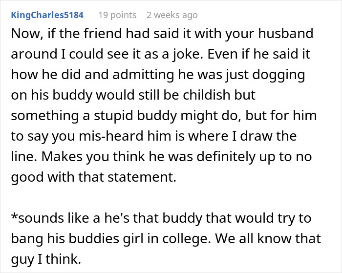 Reddit comment discussing friend’s compliment turning uncomfortable and a wife's insistence on finding a hotel. Reddit comment discussing friend’s compliment turning uncomfortable and a wife's insistence on finding a hotel.