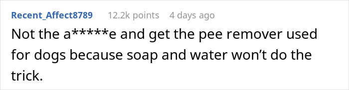 Comment about using pee remover for bedwetting stains shared in an online discussion about a man who wets the bed.