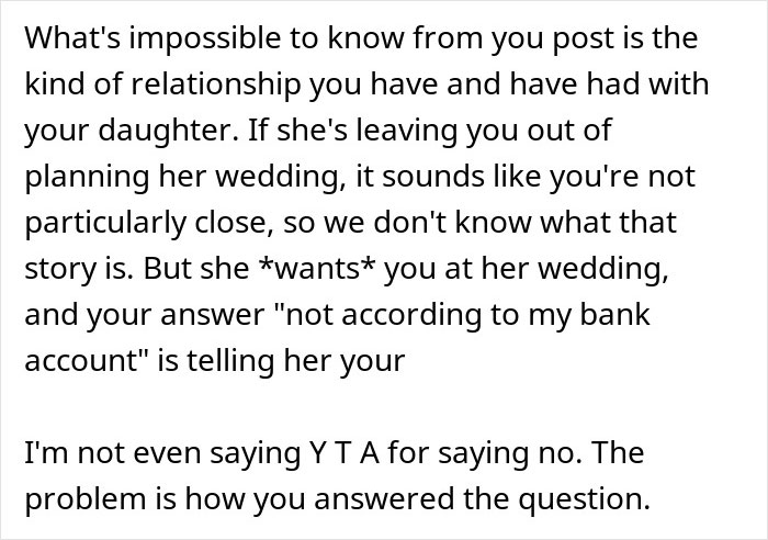 Text excerpt discussing a man’s relationship with his daughter and wedding planning issues after spending $22,500. Text excerpt discussing a man’s relationship with his daughter and wedding planning issues after spending $22,500.