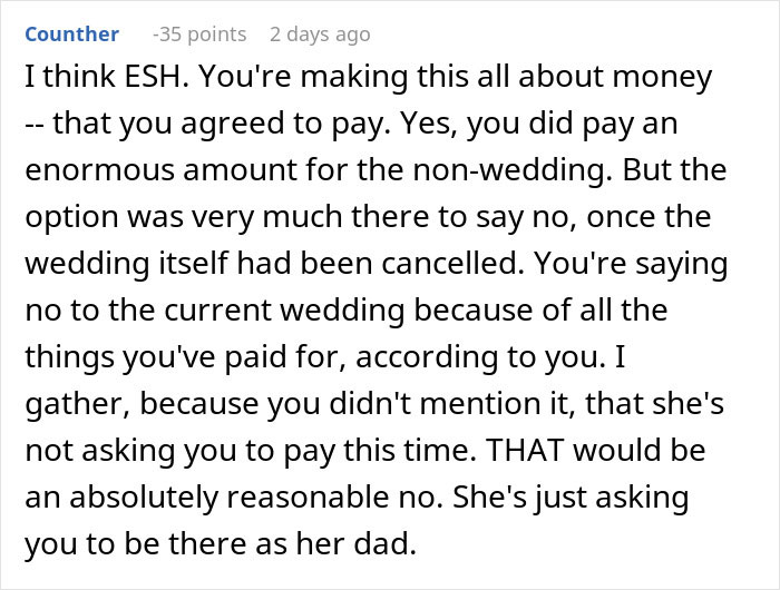 Screenshot of an online comment discussing a man spending $22,500 on a failed wedding and skipping the real one to hang out with friends. Screenshot of an online comment discussing a man spending $22,500 on a failed wedding and skipping the real one to hang out with friends.
