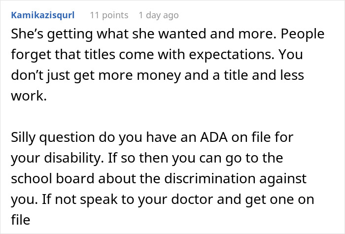 Screenshot of a Reddit comment discussing consequences and workplace discrimination related to a colleague who stole a job. Screenshot of a Reddit comment discussing consequences and workplace discrimination related to a colleague who stole a job.