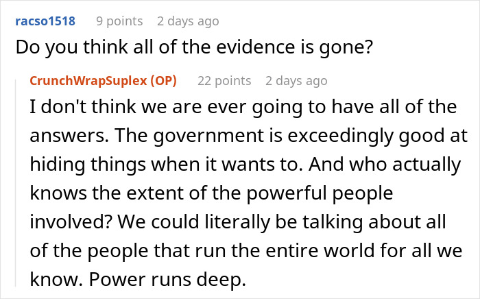 Reddit user discusses doubts about Epstein’s death based on experience as a prison officer and government secrecy.