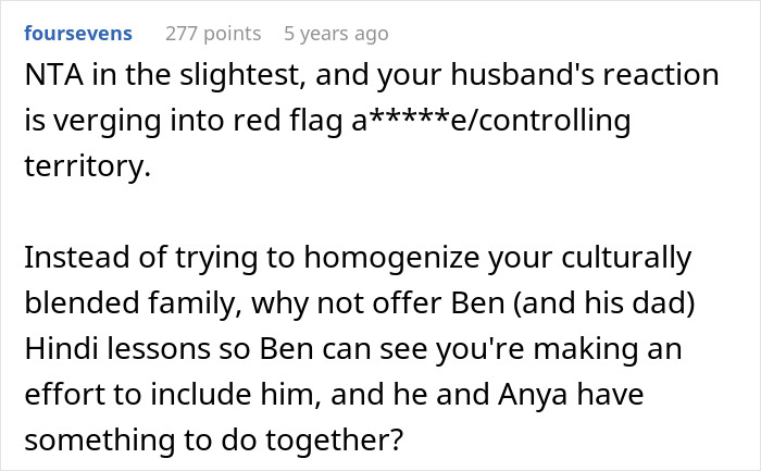 Comment discussing stepdad suggesting punishment for using native language, with mom horrified by his controlling behavior. Comment discussing stepdad suggesting punishment for using native language, with mom horrified by his controlling behavior.