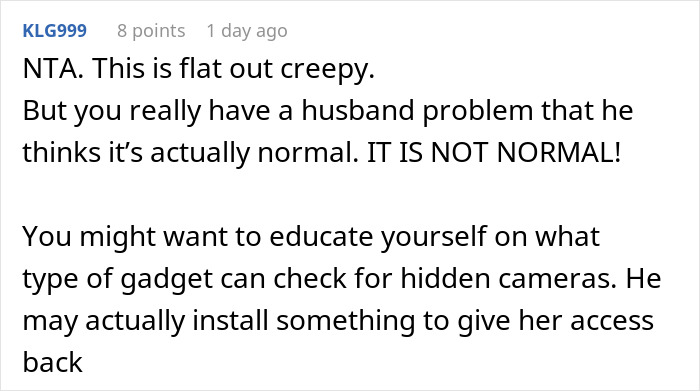 Comment warning about creepy MIL spying on baby cam, suggesting education on hidden camera detection gadgets. Comment warning about creepy MIL spying on baby cam, suggesting education on hidden camera detection gadgets.