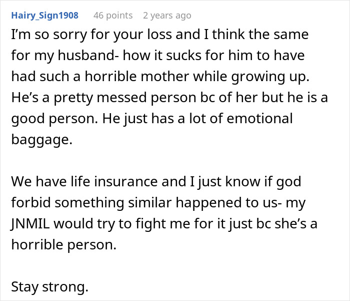 Comment expressing sympathy about a husband’s difficult relationship with his mother and mother-in-law’s hostility after loss. Comment expressing sympathy about a husband’s difficult relationship with his mother and mother-in-law’s hostility after loss.