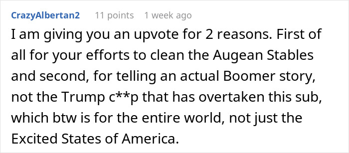 Reddit comment praising efforts to clean a sewage disaster and sharing a Boomer story, amid political discussion. Reddit comment praising efforts to clean a sewage disaster and sharing a Boomer story, amid political discussion.