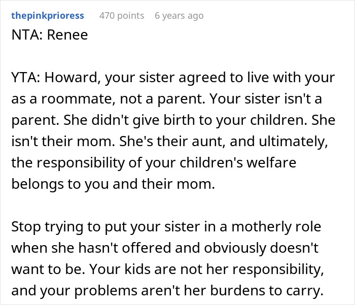 Text post from Reddit user thepinkprioress explaining why the sister refuses childcare duties in a family dispute. Text post from Reddit user thepinkprioress explaining why the sister refuses childcare duties in a family dispute.