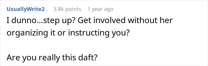 Screenshot of an online comment questioning involvement and organization, highlighting a man tells wife she couldn’t do it without him.