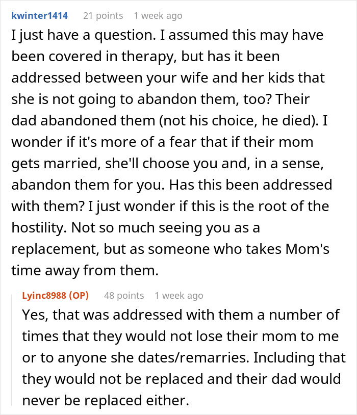 Man tries to win over fiancee’s kids for years but faces hostility and struggles to build a relationship with them. Man tries to win over fiancee’s kids for years but faces hostility and struggles to build a relationship with them.