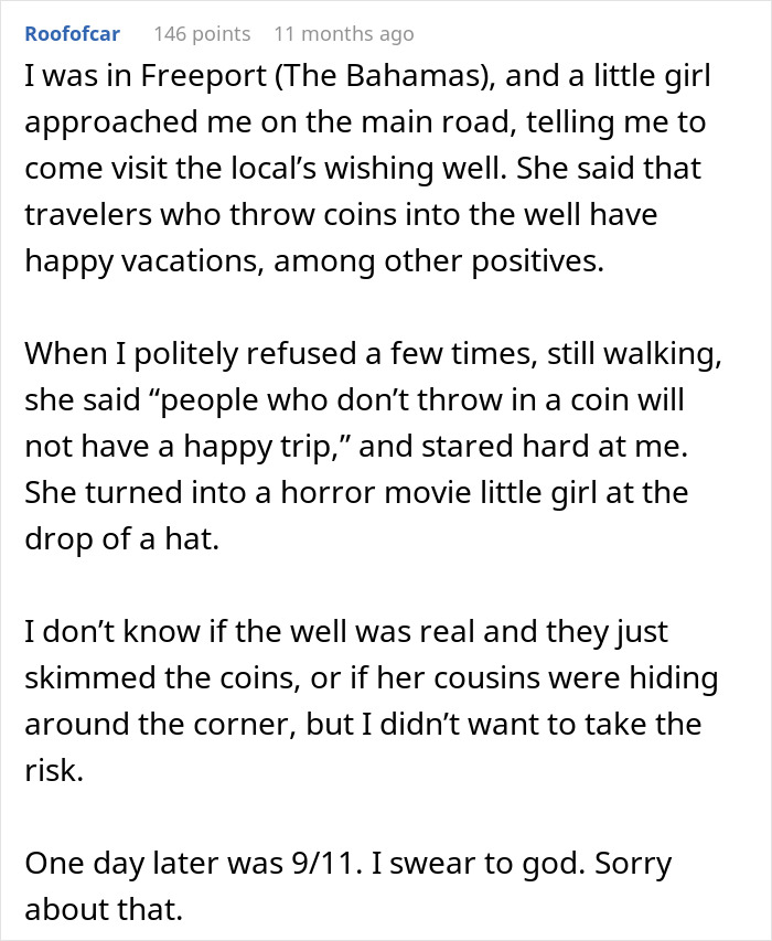 Alt text: Example of a common tourist trap story involving local coin-wishing wells and travel superstitions. Alt text: Example of a common tourist trap story involving local coin-wishing wells and travel superstitions.