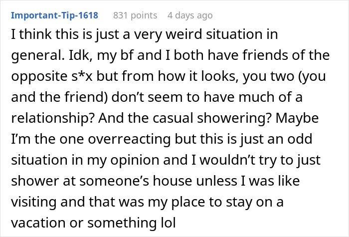 Text post discussing a weird situation about refusing a female friend to use shampoo during casual showering at someone's house.