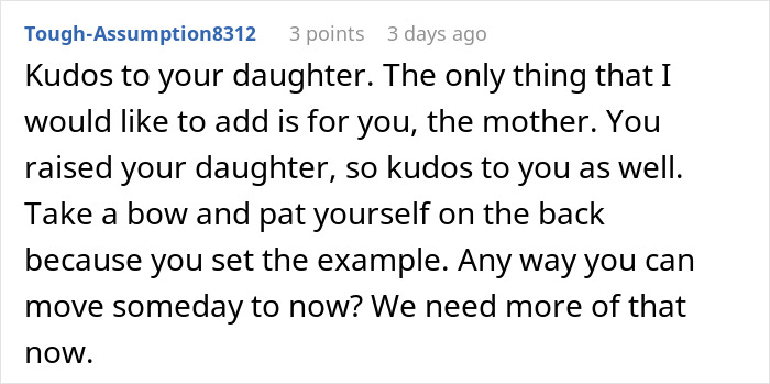 Alt text: Online comment praising a mother for raising a daughter who teaches bullies a lesson in kindness after party seat bullying. Alt text: Online comment praising a mother for raising a daughter who teaches bullies a lesson in kindness after party seat bullying.