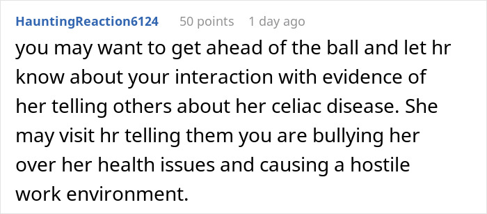 Screenshot of a Reddit comment warning about bullying a gluten-free colleague with celiac disease at a workplace pizza party.