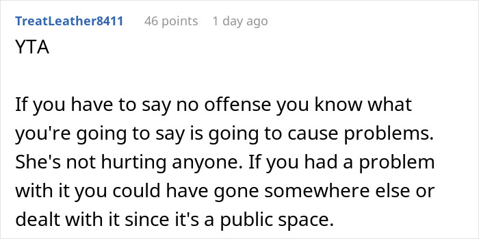 Commenter discussing a worker confronting a woman over a bizarre lunchtime ritual and office criticism debate.