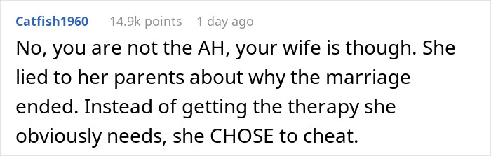 Text comment discussing a man’s divorce and the belief involving in-laws and concerns about weight leading to shock when the truth is revealed. Text comment discussing a man’s divorce and the belief involving in-laws and concerns about weight leading to shock when the truth is revealed.