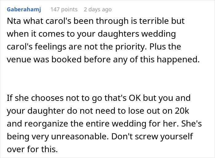 Comment discussing a woman refusing to cancel her daughter’s dream wedding venue over sister’s cheating ex. Comment discussing a woman refusing to cancel her daughter’s dream wedding venue over sister’s cheating ex.