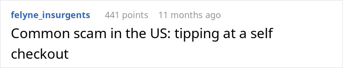Text post showing an example of a common tourist trap scam involving tipping at a self checkout in the US. Text post showing an example of a common tourist trap scam involving tipping at a self checkout in the US.