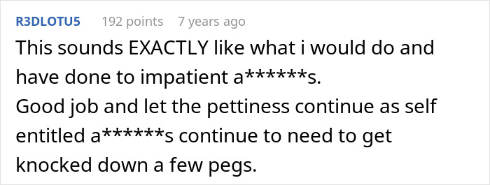 Alt text: Reddit comment praising petty justice against impatient drivers, related to lady in brand new Lexus skipping air pump line.