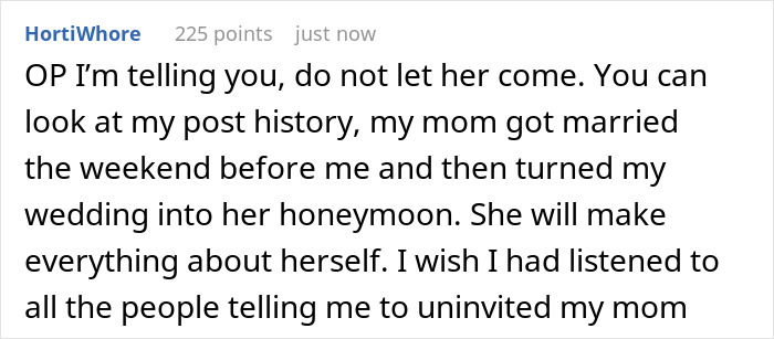 Screenshot of an online post warning about a bride’s mom threatening to skip the wedding over her white gown choice. Screenshot of an online post warning about a bride’s mom threatening to skip the wedding over her white gown choice.