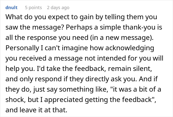 Text comment on a forum discussing how to respond to seeing an email not meant for you, related to interview invitations. Text comment on a forum discussing how to respond to seeing an email not meant for you, related to interview invitations.