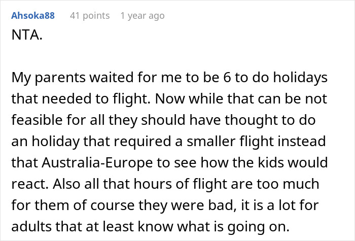 Screenshot of a Reddit comment discussing challenges of a 9-hour flight with kids and advice on travel planning. Screenshot of a Reddit comment discussing challenges of a 9-hour flight with kids and advice on travel planning.