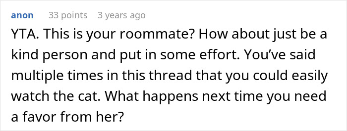 Commenter criticizes roommate for refusing cat duties while owner plans family vacation, highlighting litter box conflict.
