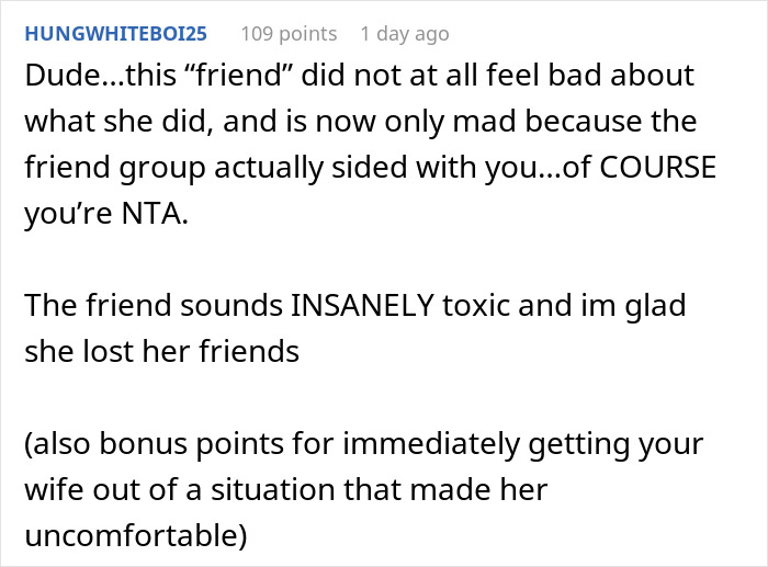 Comment about a friend’s wife drunk hookup with another man, describing toxic behavior and support from the friend group. Comment about a friend’s wife drunk hookup with another man, describing toxic behavior and support from the friend group.