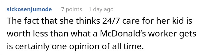 Comment discussing a woman’s opinion on babysitters’ wages and comparing childcare to fast food work. Comment discussing a woman’s opinion on babysitters’ wages and comparing childcare to fast food work.