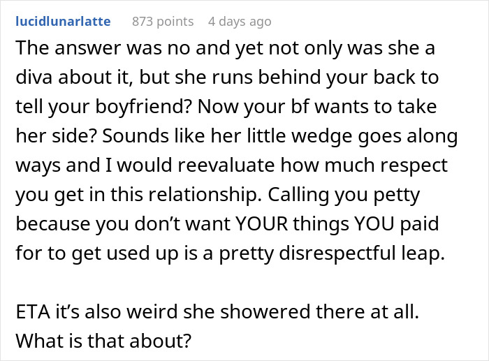 Comment discussing how to refuse a female friend from using your shampoo due to respect and boundaries.