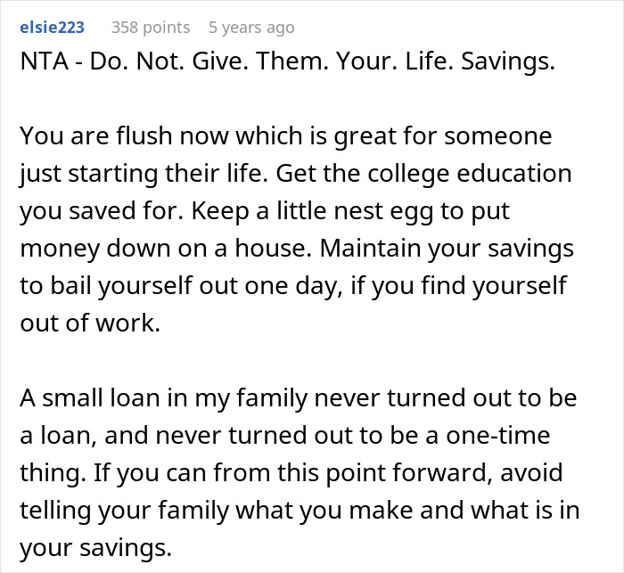 Screenshot of an online comment advising a woman to protect her life savings from parents claiming it’s rightfully theirs. Screenshot of an online comment advising a woman to protect her life savings from parents claiming it’s rightfully theirs.