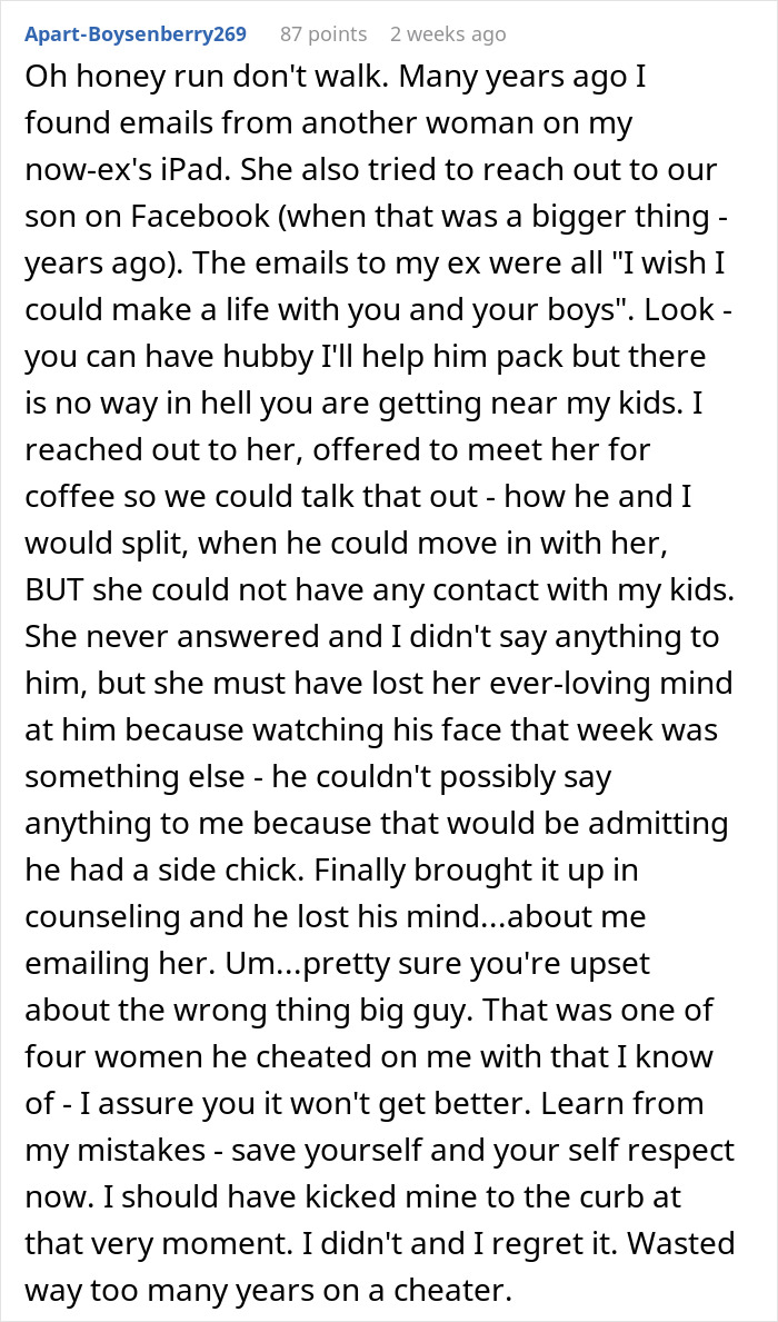 Screenshot of a Reddit comment sharing advice about fiancé and trust issues, highlighting gut feelings and suspicion. Screenshot of a Reddit comment sharing advice about fiancé and trust issues, highlighting gut feelings and suspicion.