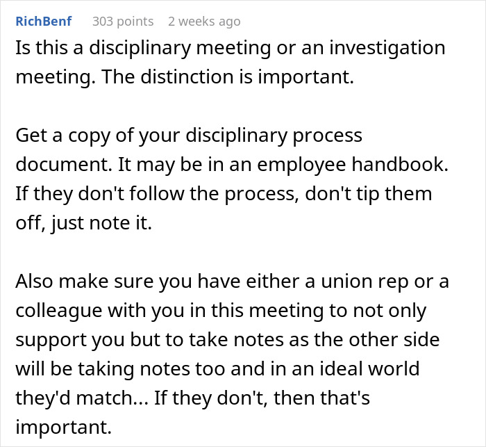 Comment discussing the distinction between disciplinary meetings and investigations for worker disciplined ChatGPT slurs cases. Comment discussing the distinction between disciplinary meetings and investigations for worker disciplined ChatGPT slurs cases.