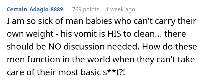Comment from forum user expressing frustration with man babies who can't clean their own vomit, highlighting tension over responsibility.