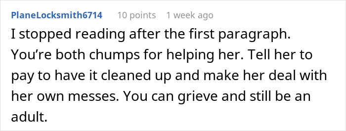 Screenshot of a Reddit comment criticizing MIL for skipping sewage disaster cleanup, leaving couple to shovel the smelly mess. Screenshot of a Reddit comment criticizing MIL for skipping sewage disaster cleanup, leaving couple to shovel the smelly mess.