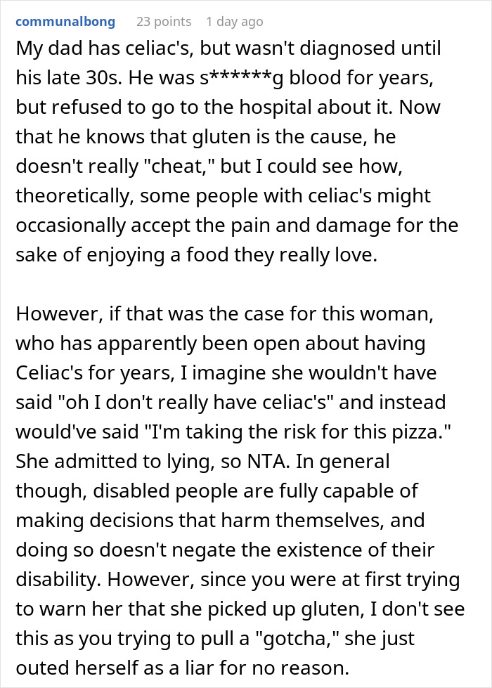 Reddit comments discussing a worker calling out a gluten-free colleague at a pizza party and the ensuing conflict.