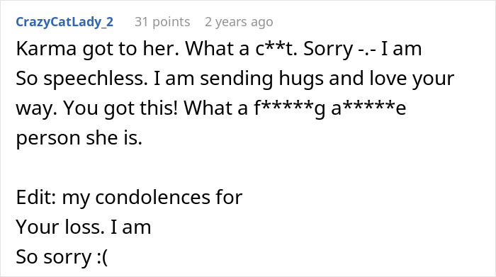 Screenshot of a Reddit comment expressing sympathy and support after a woman discovers her mother-in-law's hatred following her husband’s death. Screenshot of a Reddit comment expressing sympathy and support after a woman discovers her mother-in-law's hatred following her husband’s death.