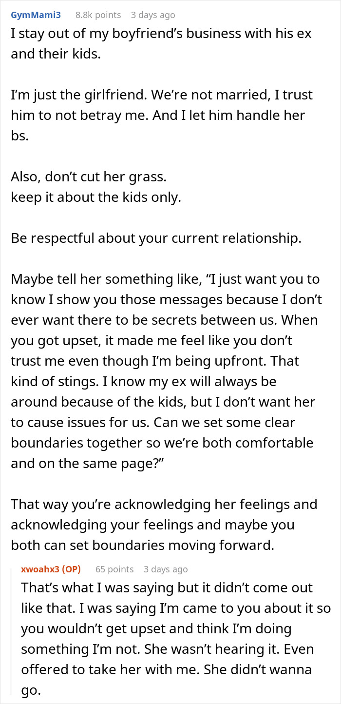 Reddit discussion about woman upset over boyfriend mowing his ex’s lawn and relationship boundaries online. Reddit discussion about woman upset over boyfriend mowing his ex’s lawn and relationship boundaries online.