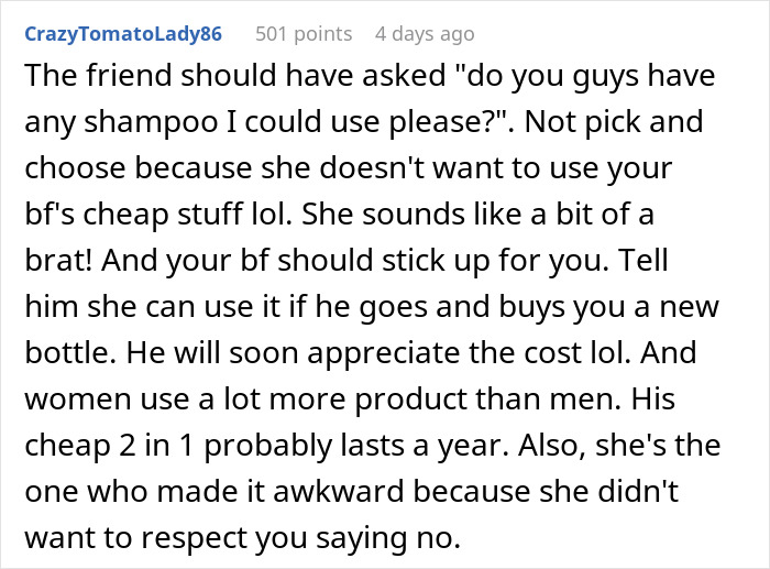 Comment discussing how to refuse a female friend using shampoo and setting boundaries about sharing personal products.