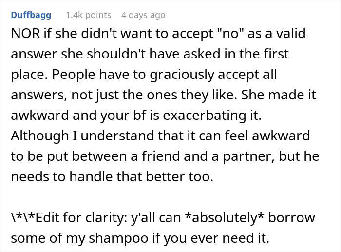 Comment discussing how to refuse a female friend from using shampoo and handling awkward situations with a partner.