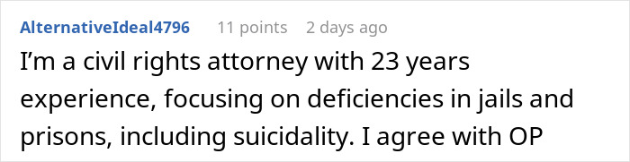 Comment by AlternativeIdea4796 discussing prison officer experience related to beliefs about Epstein’s death and jail conditions.