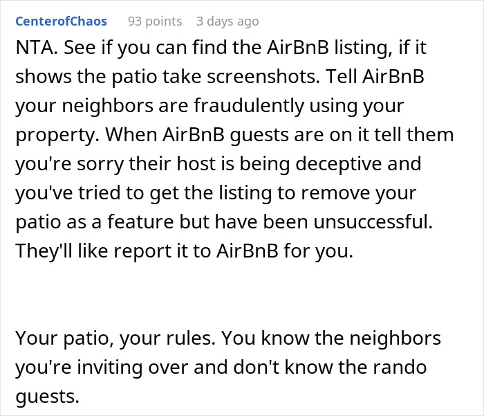 Comment discussing neighbor refusing tourists patio access and Airbnb host claiming discrimination in a property dispute. Comment discussing neighbor refusing tourists patio access and Airbnb host claiming discrimination in a property dispute.