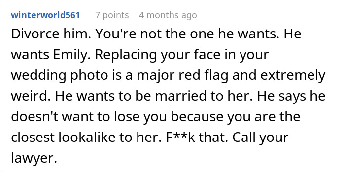 Comment advising divorce due to husband’s attachment to his ex and replacing spouse’s face in wedding photo. Comment advising divorce due to husband’s attachment to his ex and replacing spouse’s face in wedding photo.