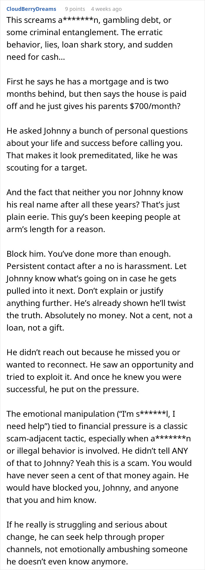 Comment text expressing suspicion about a friend’s call two decades later involving manipulation and possible scam. Comment text expressing suspicion about a friend’s call two decades later involving manipulation and possible scam.
