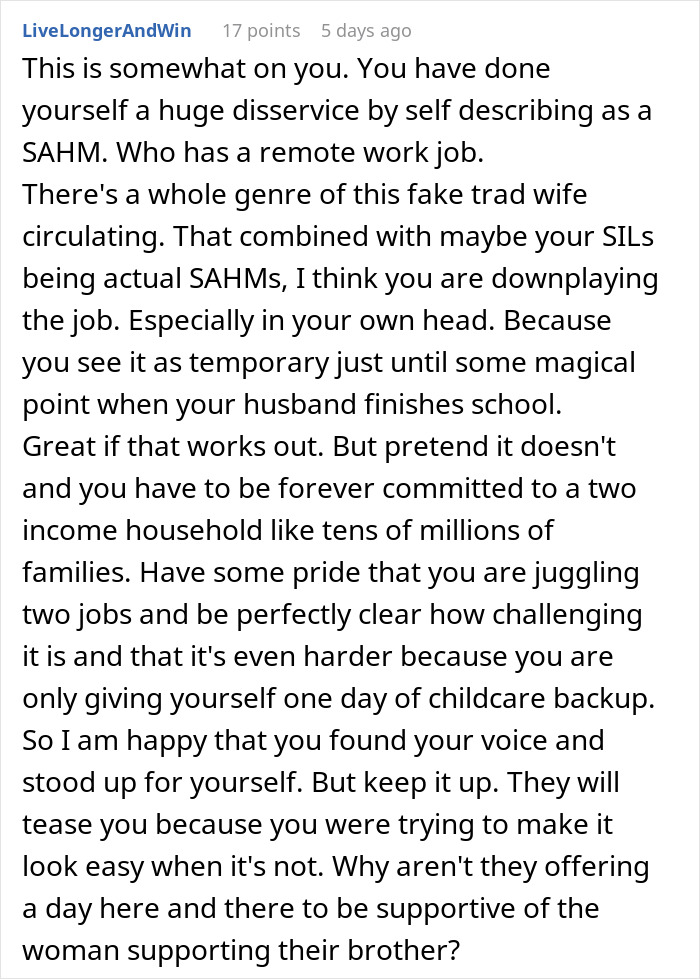Working mom responds to in-laws downplaying challenges of managing job with once-a-week daycare support. Working mom responds to in-laws downplaying challenges of managing job with once-a-week daycare support.