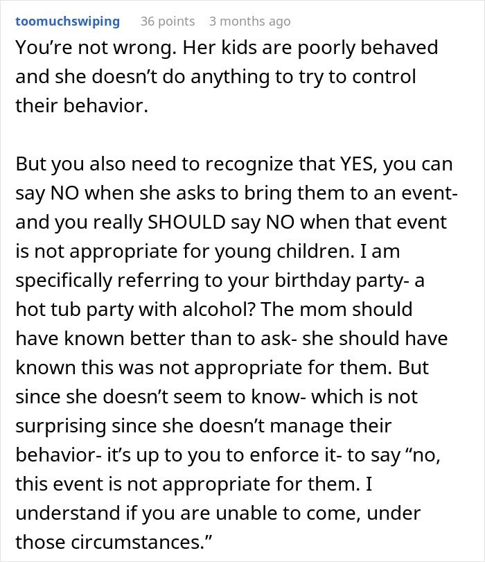 Comment discussing poorly behaved kids influencing a decision to choose childfree events in future social gatherings. Comment discussing poorly behaved kids influencing a decision to choose childfree events in future social gatherings.
